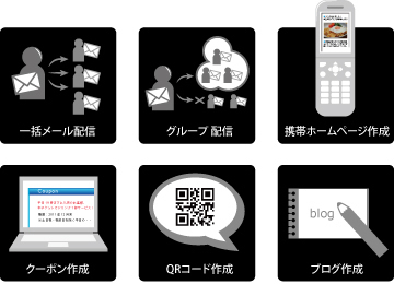 一括メール配信、グループ配信、携帯ホームページ作成、クーポン作成、QRコード作成、ブログ作成